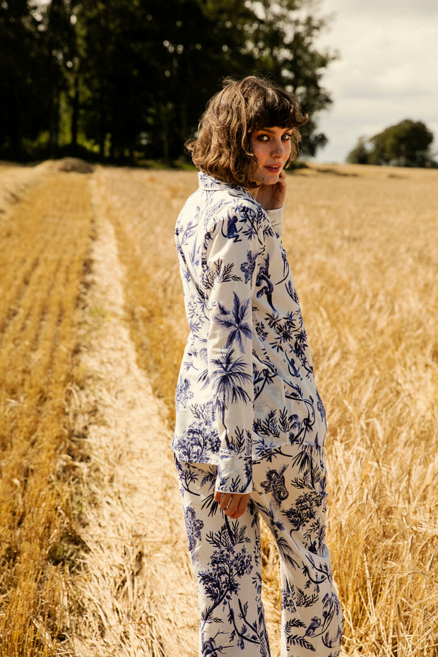 Vogue Williams Pyjamas Blue and white jungle print organic cotton sleepwear