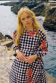 RESORT LONG SLEEVE COTTON DRESS - GINGHAM POPPY - 100% COTTON POPLIN