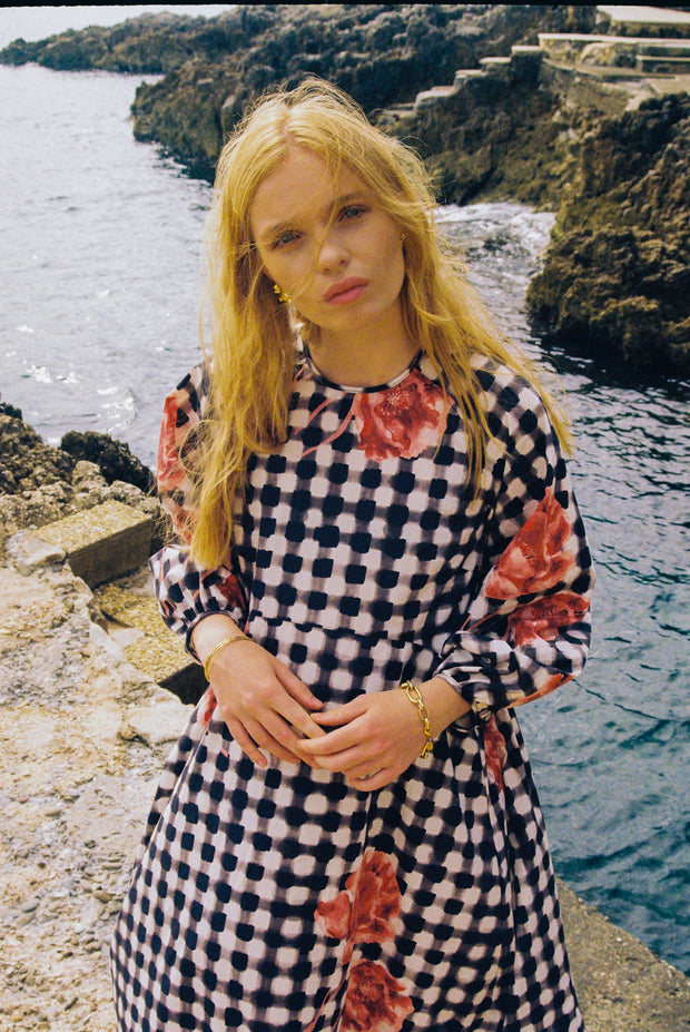 RESORT LONG SLEEVE COTTON DRESS - GINGHAM POPPY - 100% COTTON POPLIN