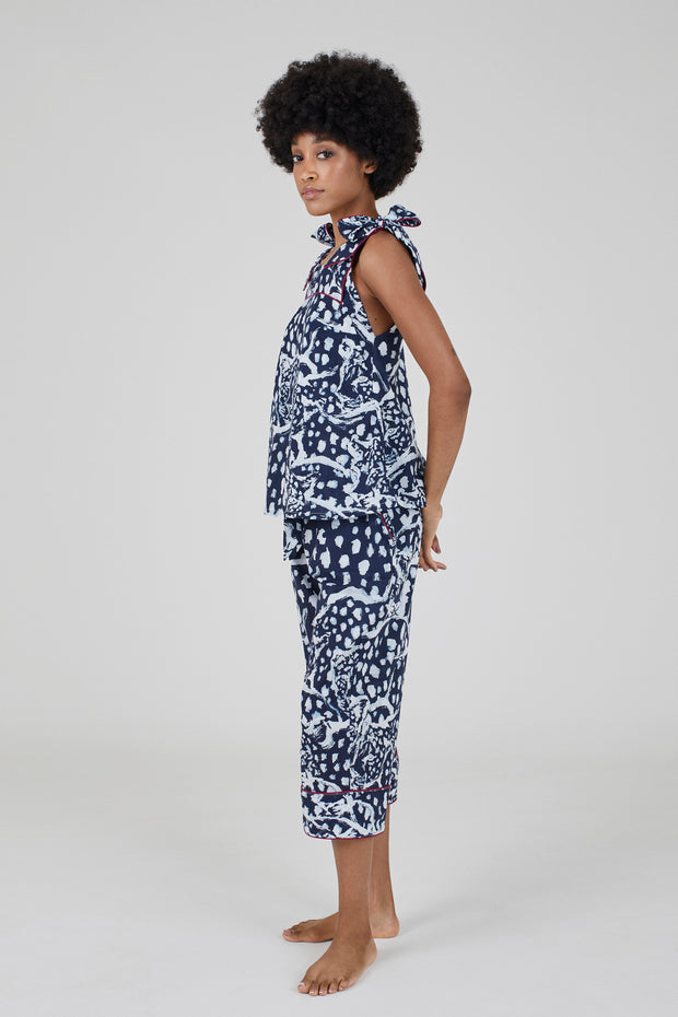 CROPPED TROUSERS - LEOPARD NAVY - 100% ORGANIC COTTON VOILE